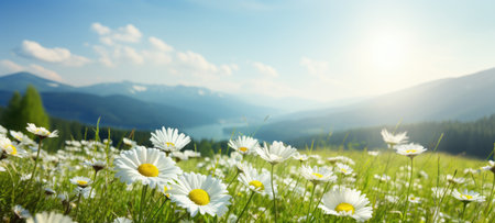 White daisies on the meadow with mountains in the background. Spring summer flower background banner. created using generative AI toolsの素材