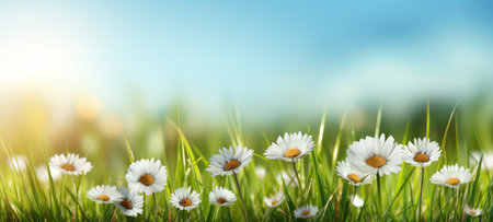 White daisies in the green grass. Beautiful nature background. Spring summer flower background banner. created using generative AI toolsの素材