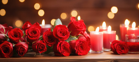 Red roses and candles on wooden table in room with bokeh. Valentine's Day, wedding, birthday celebration holiday greeting card banner concept. created using generative AI toolsの素材