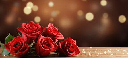 Red roses on wooden table with bokeh lights background. Valentine's Day, wedding, birthday celebration holiday greeting card banner concept. created using generative AI toolsの素材