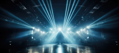 stage lighting effect,blue rays of light and smoke on the stage Empty 3d room background with fog - Dark blue colored stage lights. created using generative AI toolsの素材