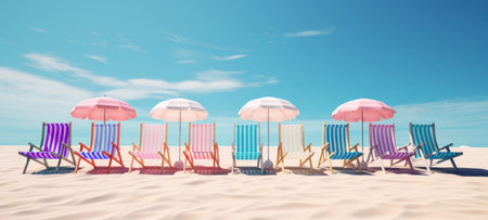 summer vacation vacation travel ocean sea beach panoramic banner background Beach chairs with umbrellas on the sand. created using generative AI toolsの素材
