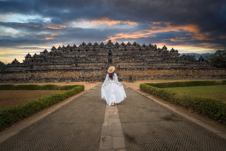 Borobudur Temple at Yogyakarta Java Indonesia. The largest temple in the world, one of the greatest ancient monuments in Southeast Asia, is the country's most visited touristの写真素材