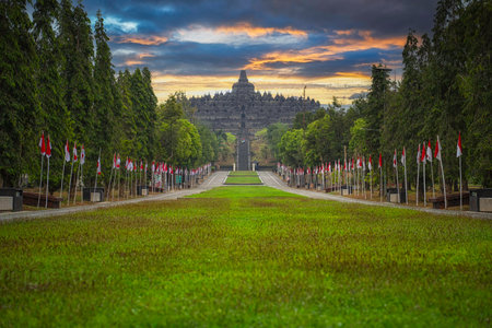 Borobudur Temple at Yogyakarta Java Indonesia. The largest temple in the world, one of the greatest ancient monuments in Southeast Asia, is the country's most visited touristの写真素材