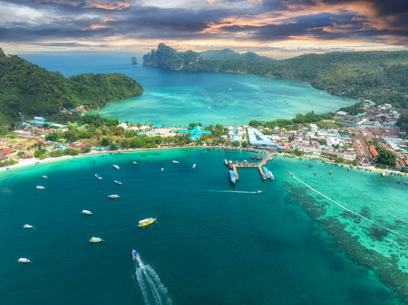 Aerial view of Phi Phi Island in Krabi Province, a tourist landmark of Thailand, a tropical paradise with turquoise sea and white sandy beaches.の写真素材