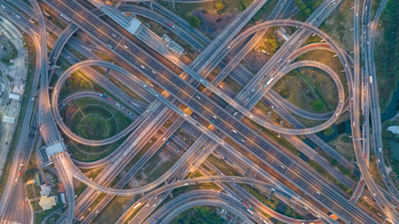 Aerial view of Bangna highway intersection, Bangkok, Thailand. Traffic on the road during evening rush hour.の写真素材