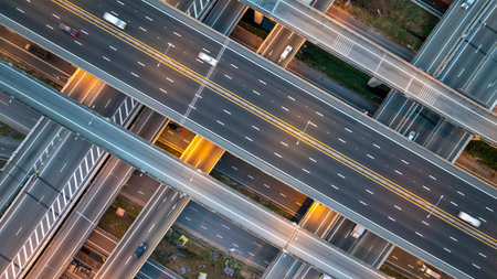 Aerial view of Bangna highway intersection, Bangkok, Thailand. Traffic on the road during evening rush hour.の写真素材
