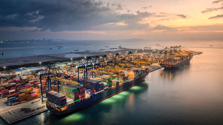 Container Cargo freight ship with working crane bridge at dusk for Logistic Import Export background