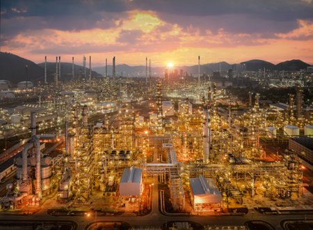 Aerial view of power plants and petrochemical plants, oil and gas refineries in industrial areas,...