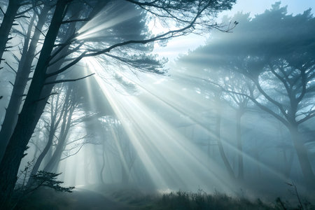 Mysterious foggy forest with sunbeams shining through treesの素材