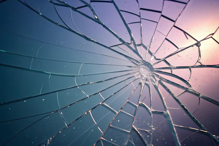 Broken glass on a blue background. Abstract background with cracks.の素材