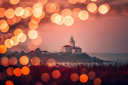 Lighthouse on the coast with bokeh lights at sunset.の素材