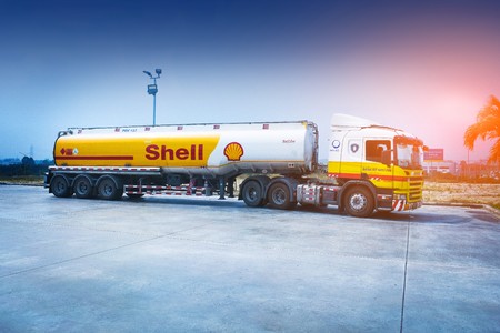 22 January 2018 at Chonburi Thailand Car truck parked on road,Car oil transportation on roadのeditorial素材