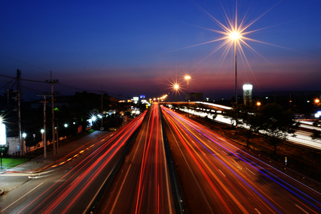 long light of car on road on evening time for car and transportation conceptの写真素材
