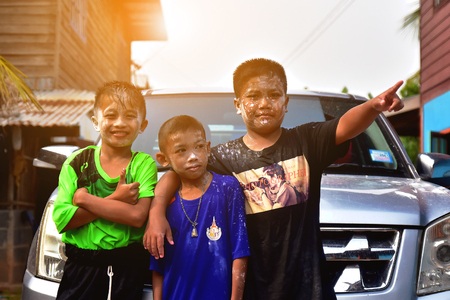 15 April 2018 at Ubonratchatani Thailand,Boys playing in songkran festival in Thailand long holidayのeditorial素材