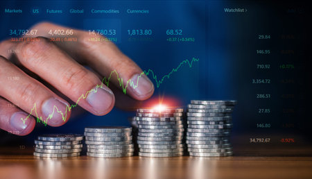 Closeup hand counting coins stack on desk in concept business investment  trade stock exchange,...