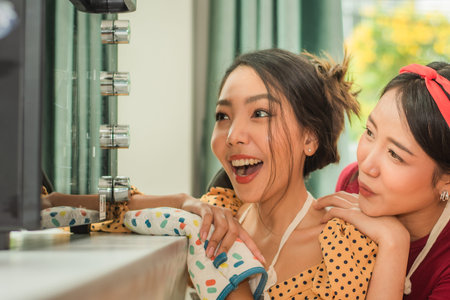 Beauty woman happy excited with her bakery in  microwave ,bakery shop small business