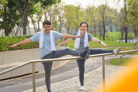Retired couple exercising happily and healthy, retirement age exercise, Elderly life insuranceの写真素材
