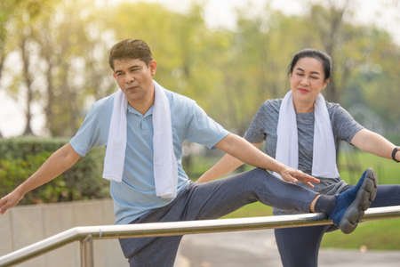 Retired couple exercising happily and healthy, retirement age exercise, Elderly life insuranceの写真素材