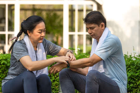 Retired couple exercising happily and healthy, retirement age exercise, Elderly life insuranceの写真素材