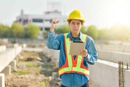 Engineer inspector on  site construction by tablet technology