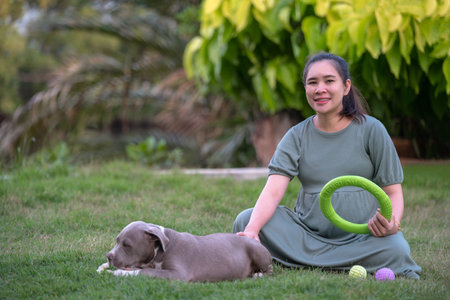 Pregnant woman sitting with dog at home, American bully dog puppy funny and cute, Dog mom happy familyの写真素材