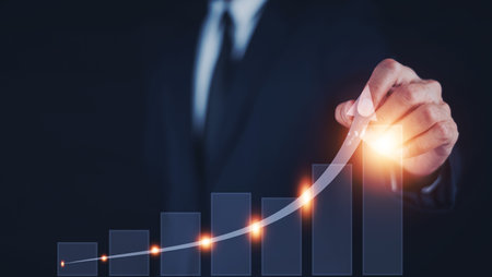 Business growth concept, Business development to success and growing growth concept, Businessman pointing arrow graph corporate future growth planの写真素材