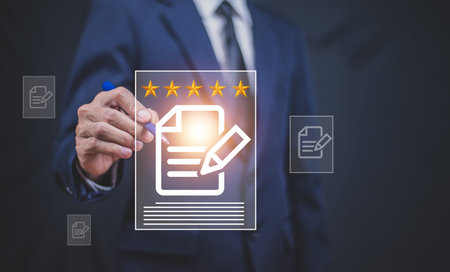 Customer survey quality review ,Businessman give rating to service experience on online application,...