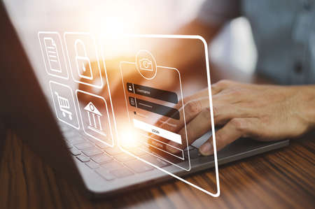 Man login and password on computer cyber security concept data protection and secured internet access cybersecurityの写真素材