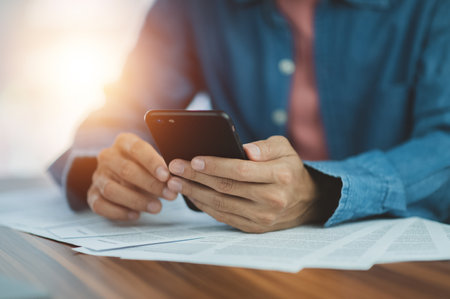 Businessman using smartphone in officeの写真素材