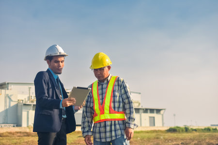 Asian engineer and foreman worker with touch pad discuss, plan working for the outdoors building construction site.の写真素材