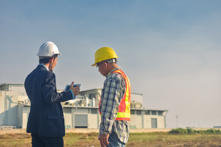 Asian team Construction engineers supervising progress of construction project stand on new factory, Engineering Consulting People on construction site Building inspector.の写真素材