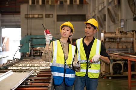 Team Asian engineer working control machine in factory. Group people Asia Worker control machine...