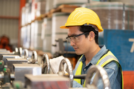 Asian man engineer  working hard in factory , worker employee  hard hat safety control machine factoryの写真素材