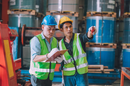 Asian engineer factory manager and mechanic worker employee in safety hard hat talking and inspection inside the factoryの写真素材