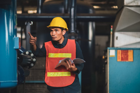 Asian man engineer are working in factory and checking safety system control on production industrialの写真素材