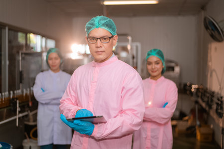 Teamwork Asian manager and employee working Food quality control in Factory and worker in production line beverage factory Concept food factory industryの写真素材
