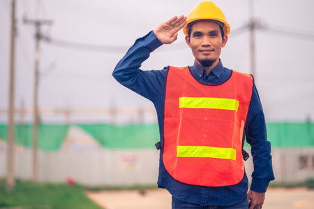 Asian Engineer standing outdoor on site construction posting confident , Engineer construction happy job success with in target planningの写真素材