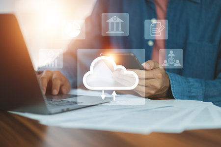 Businessman using phone  on internet technology cloud computing