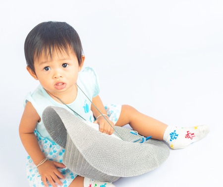 Kid in action  isolated on white backgroundの写真素材