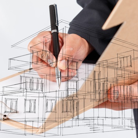 Business man was signing documents - double exposure styleの写真素材