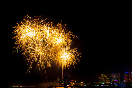 Beautiful colorful fireworks display on the sea beach, Amazing holiday fireworks party or any...
