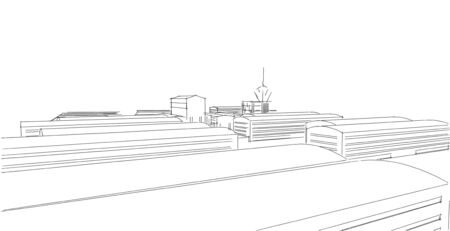 Factory buildings sketch drawings in perspective view, work office and factory building. Hand drawn cartoon 3d illustration.の写真素材