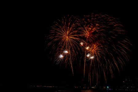 Beautiful colorful fireworks display on the sea beach, Amazing holiday fireworks party or any celebration event in the dark sky.の写真素材