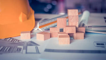 Architect's workplace There are examples of decorative materials and 3D Blueprint architectural drawings.の写真素材