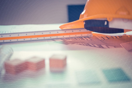 Architect's workplace There are examples of decorative materials and 3D Blueprint architectural...