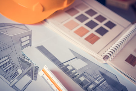 Architect's workplace There are examples of decorative materials and 3D Blueprint architectural...