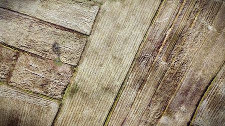 Aerial view, agricultural plot, drought conditions after harvesting season, Drone photography.