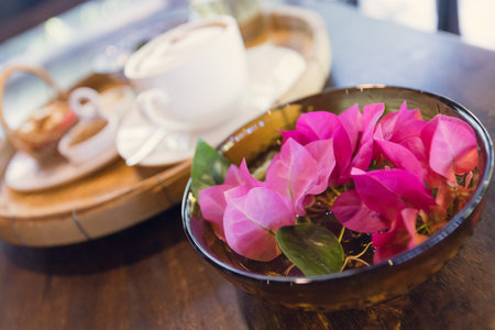 Cappuccino coffee served in a Thai style coffee shopの写真素材