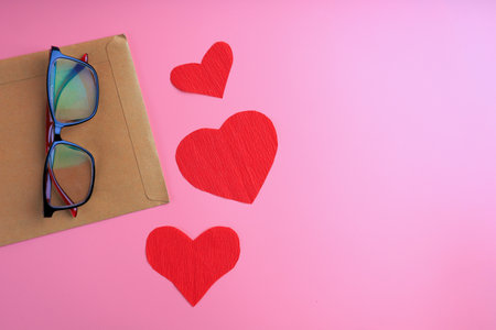 Valentine's Day background. Gifts, confetti, Valentines day concept. Flat lay, top view, copy space, Banner background.の写真素材